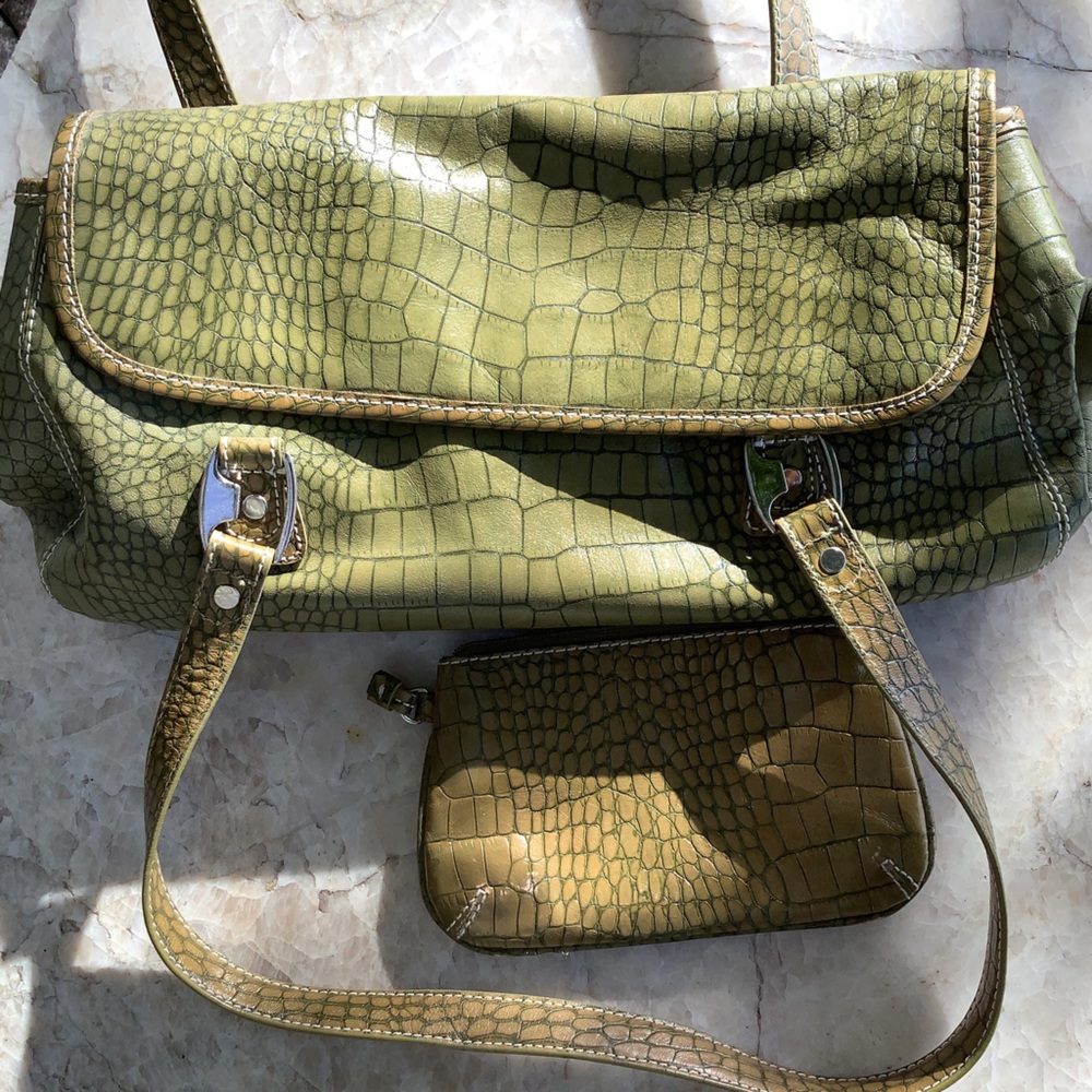 Green Enzo bag with mirror and makeup case